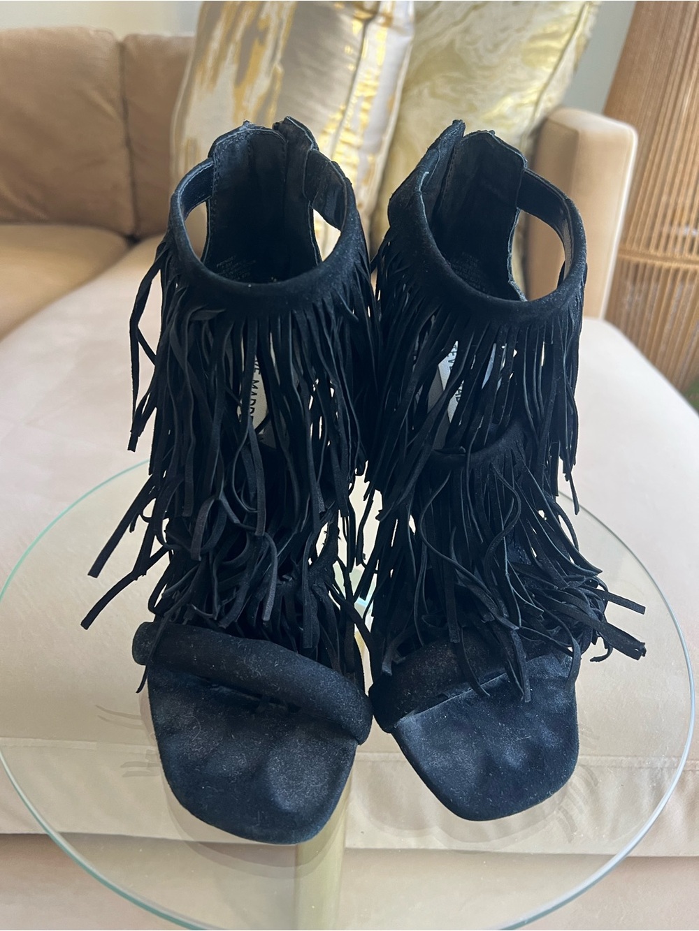 Steve Madden Fringly Fringe Heels Black Suede Stilettos Size 7.5